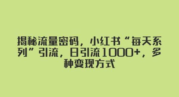 揭秘流量密码，小红书“每天系列”引流，日引流1000 ，多种变现方式