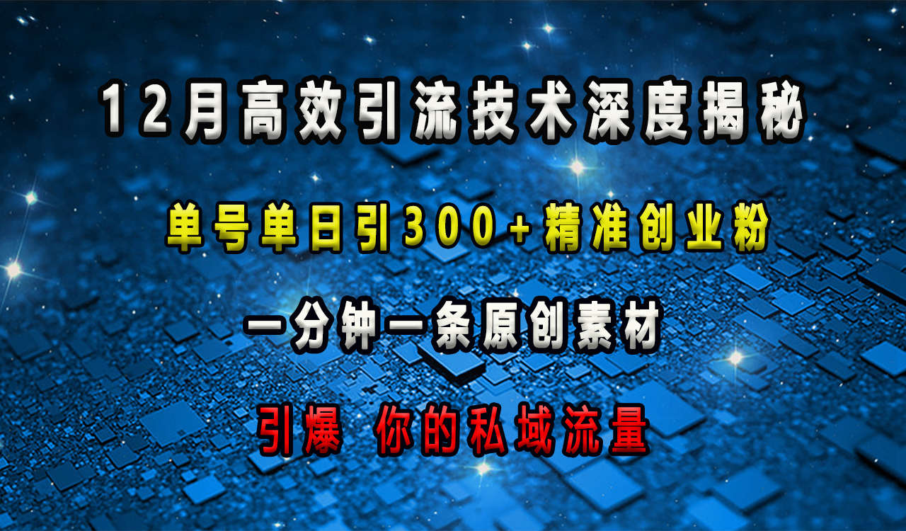 12月高效引流技术深度揭秘 ，单号单日引300+精准创业粉，一分钟一条原创素材，引爆你的私域流量